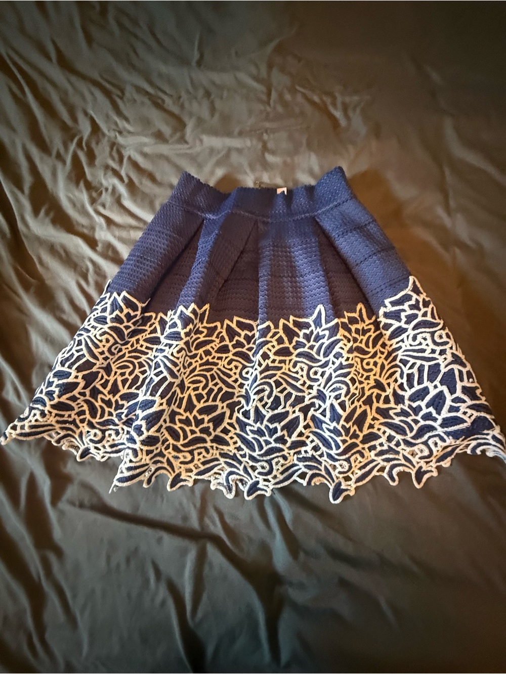 Alyx Navy Blue Skater Skirt with White Floral Lace Hem